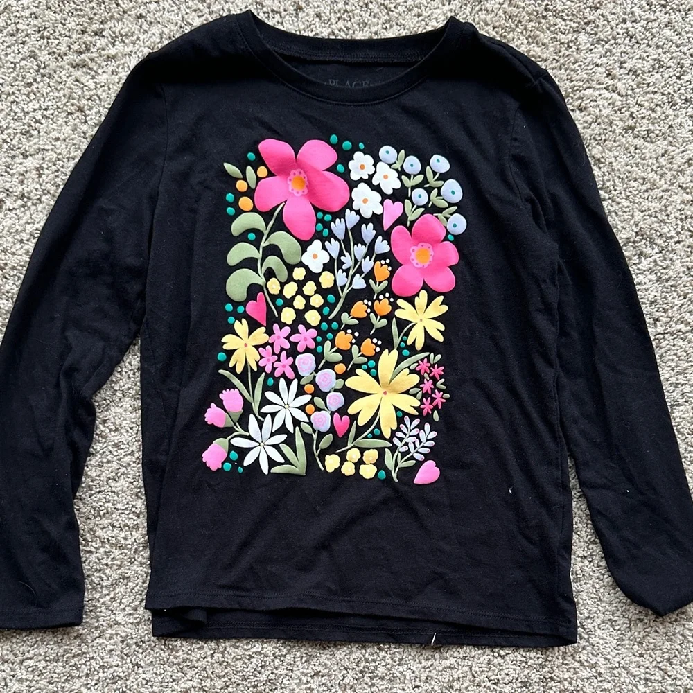 Children's Place Black Long Sleeve Tee with Colorful Floral Design size medium